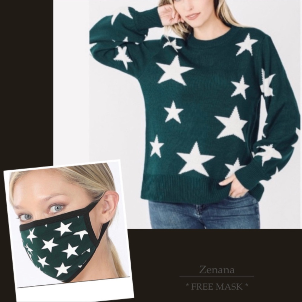 ~HP~ Boutique Hunter Green Star Covered Sweater + Bonus Matching Mask - Picture 6 of 15